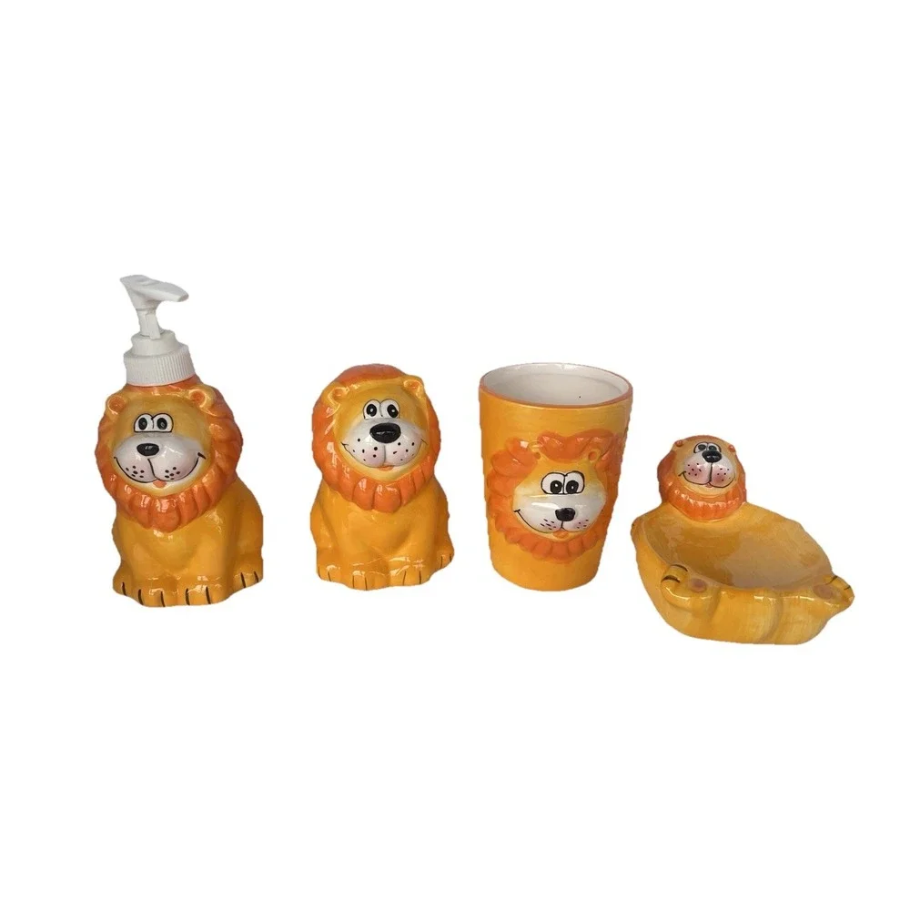 New 4 Piece Ceramic Kids lion Zoo‎ Animal Bathroom Set Soap Toothbrush Cup